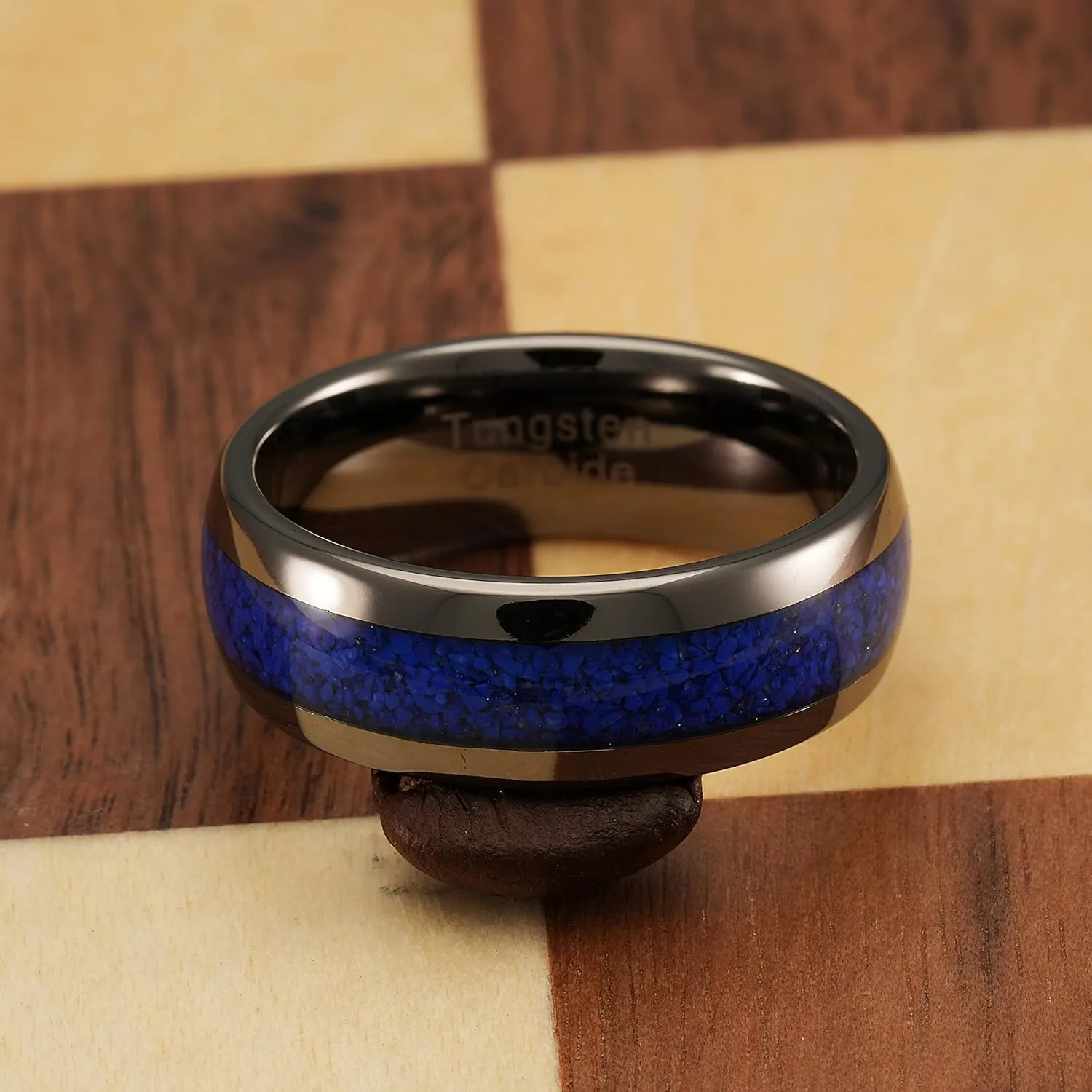 100S JEWELRY Gunmetal Tungsten Rings for Men, Blue Lapis Lazuli Inlay, Dome Shape, Wedding Engagement Promise Band, Sizes 6-16