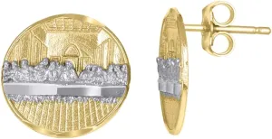 10K Two-Tone Gold Textured Last Supper Religious Round Stud Earrings