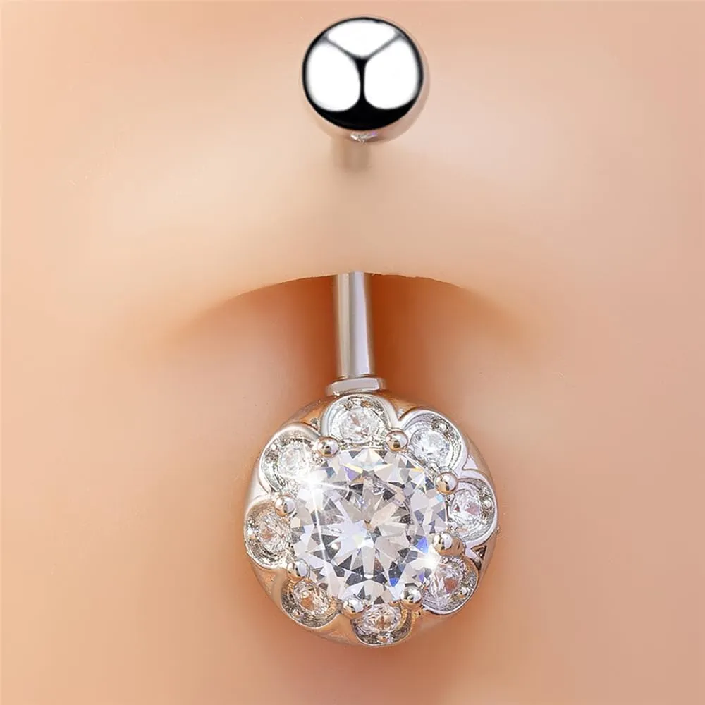 14G 316L Surgical Steel CZ Flower Belly Button Ring for Women 18K Gold Plated Stainless Steel Belly Navel Rings Navel Piercing Barbell Hypoallergenic Body Piercing Jewelry