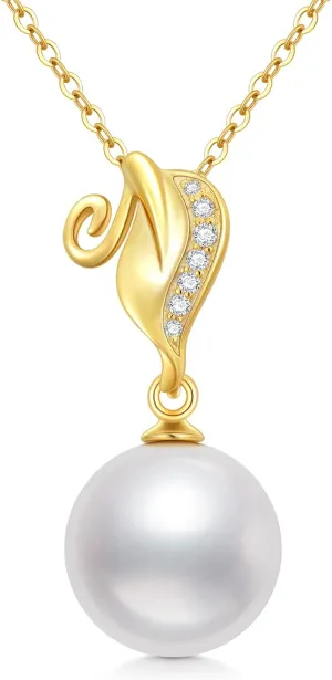 14K Gold Pearl Necklace for Women, Real Gold Freshwater Cultured Pearl Pendant Dolphin Necklace for Mom Birthday Valentines Day Gifts for Her Mom/Wife/Grandma