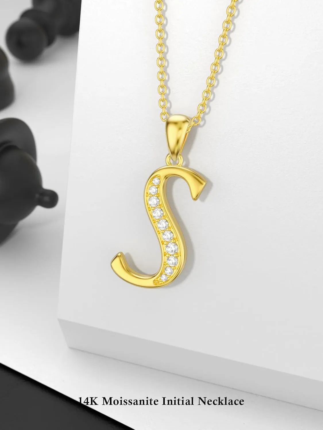 14K Solid Gold Initial A to Z Necklaces for Women, Moissanite Diamond Letter Pendant Small Aphabet Jewelry Christmas Gifts for Her Women, Gifts for Graduation Birthday Mothers Day, Initial Charm with D Color VVSI Moissanite,16 2 Inch
