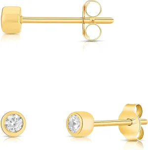 14k Solid Gold Round Tiny Studs With Solitaire Small 2mm Cubic Zirconia Bezel Setting Earrings