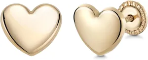 14k Yellow Gold Shiny Puff Heart Stud Earrings, Covered Screwback Closure for Girls and Women