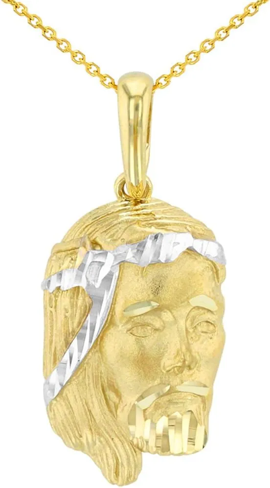 14K Yellow Gold Textured Face of Jesus Christ Pendant Necklace