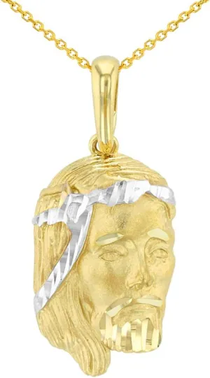 14K Yellow Gold Textured Face of Jesus Christ Pendant Necklace