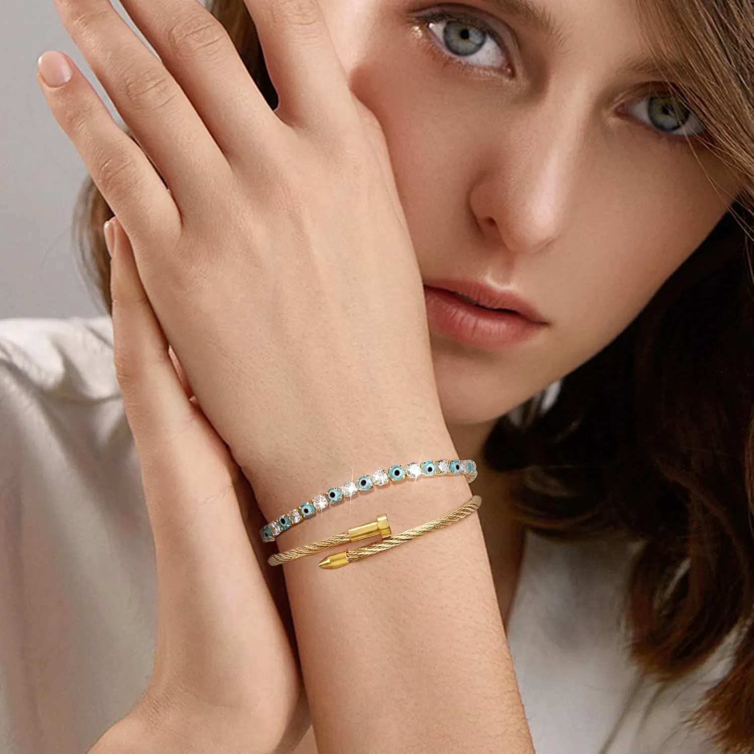 18K Gold Nail Bracelet Set, Adjustable Stackable Bangles for Women, Trendy Jewelry Hand Chain Gifts for Lover Mom Her