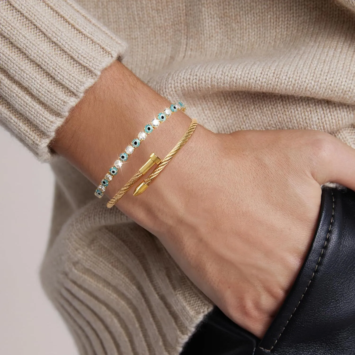 18K Gold Nail Bracelet Set, Adjustable Stackable Bangles for Women, Trendy Jewelry Hand Chain Gifts for Lover Mom Her