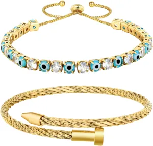 18K Gold Nail Bracelet Set, Adjustable Stackable Bangles for Women, Trendy Jewelry Hand Chain Gifts for Lover Mom Her