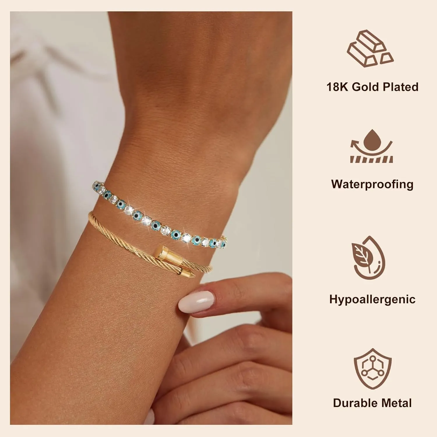 18K Gold Nail Bracelet Set, Adjustable Stackable Bangles for Women, Trendy Jewelry Hand Chain Gifts for Lover Mom Her