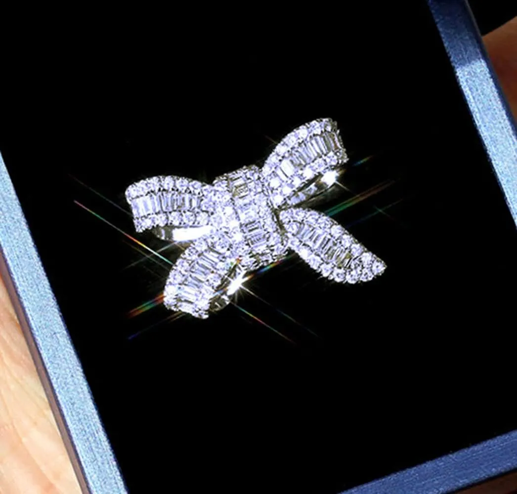 18k Platinum Plated Shiny Cubic Zirconia Crystal Bow-Knot Engagement Wedding Ring