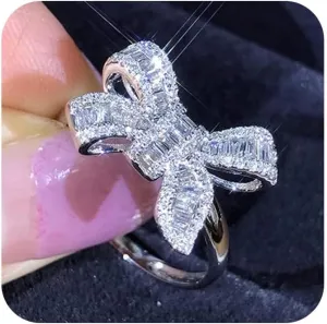 18k Platinum Plated Shiny Cubic Zirconia Crystal Bow-Knot Engagement Wedding Ring