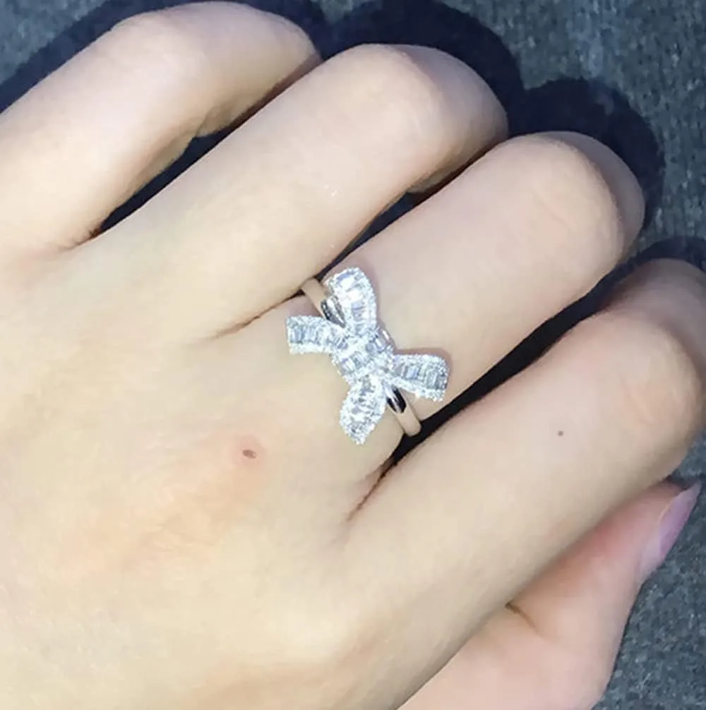 18k Platinum Plated Shiny Cubic Zirconia Crystal Bow-Knot Engagement Wedding Ring