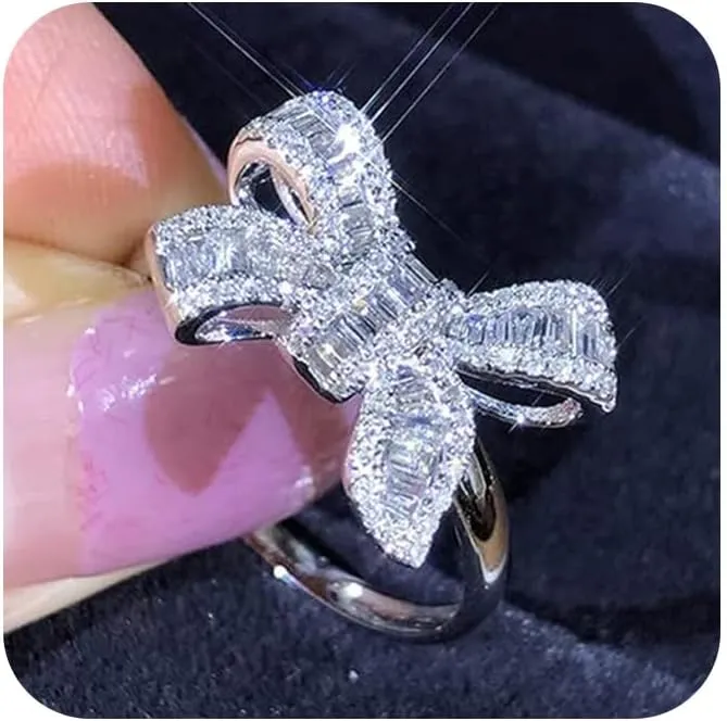 18k Platinum Plated Shiny Cubic Zirconia Crystal Bow-Knot Engagement Wedding Ring