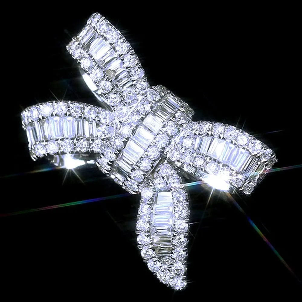 18k Platinum Plated Shiny Cubic Zirconia Crystal Bow-Knot Engagement Wedding Ring