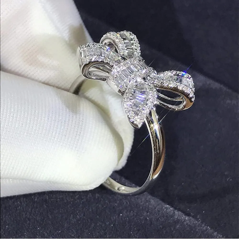 18k Platinum Plated Shiny Cubic Zirconia Crystal Bow-Knot Engagement Wedding Ring
