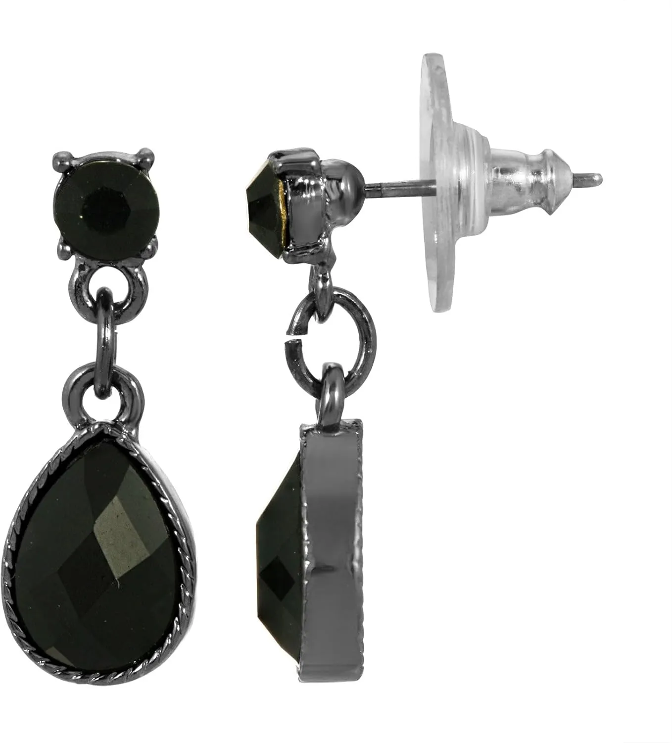 1928 Jewelry Women's Vintage Black-Tone Drop Earrings with Round Glass Crystals and Faceted Jet Pear Stones, Gothic Victorian Style, Surgical Steel Posts, 1920s Inspired Teardrop Accessories
