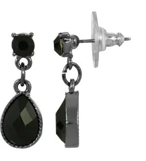 1928 Jewelry Women's Vintage Black-Tone Drop Earrings with Round Glass Crystals and Faceted Jet Pear Stones, Gothic Victorian Style, Surgical Steel Posts, 1920s Inspired Teardrop Accessories
