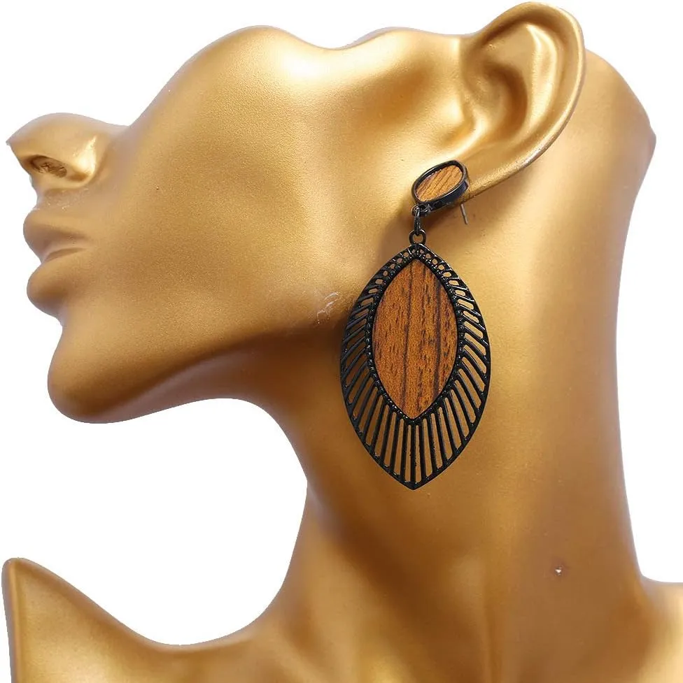 2 Pairs Bohemian Lightweight Wooden Tree of Life Dangle Earrings Handmade Teardrop Round Wood Earrings for Women