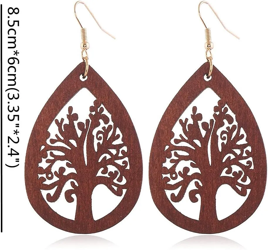 2 Pairs Bohemian Lightweight Wooden Tree of Life Dangle Earrings Handmade Teardrop Round Wood Earrings for Women