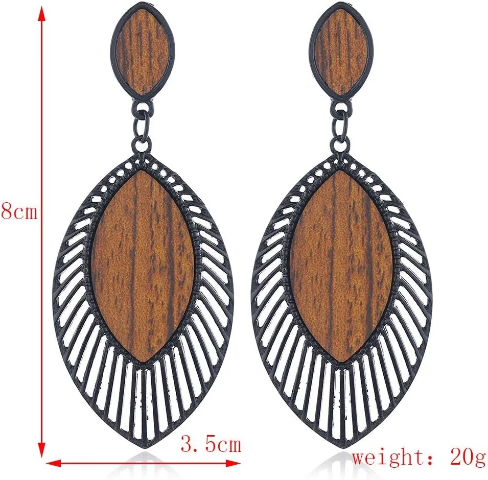 2 Pairs Bohemian Lightweight Wooden Tree of Life Dangle Earrings Handmade Teardrop Round Wood Earrings for Women