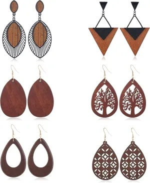 2 Pairs Bohemian Lightweight Wooden Tree of Life Dangle Earrings Handmade Teardrop Round Wood Earrings for Women