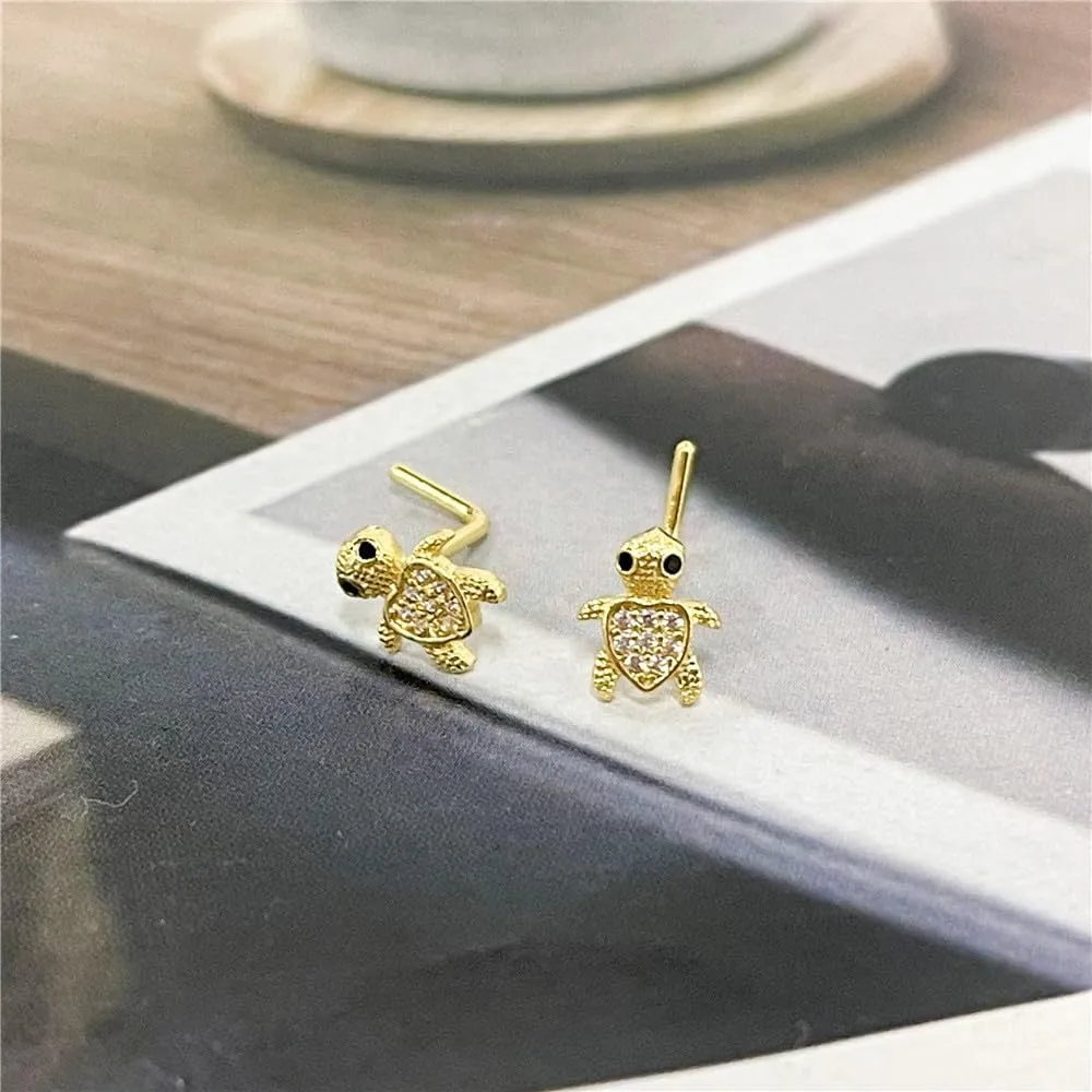 2Pcs 20G Surgical Steel L-Shaped Nose Rings for Women Cute Pink CZ Turtle Noses Studs Ring Dainty Nostril Piercing Jewelry