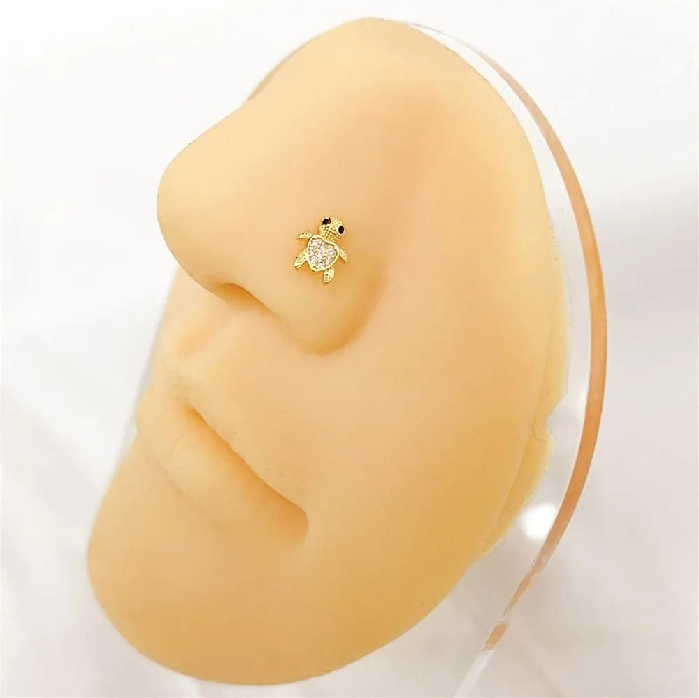 2Pcs 20G Surgical Steel L-Shaped Nose Rings for Women Cute Pink CZ Turtle Noses Studs Ring Dainty Nostril Piercing Jewelry