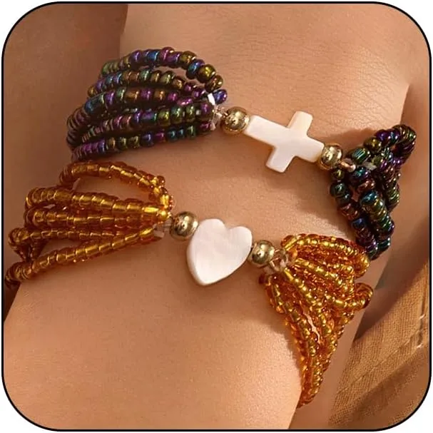 2Pcs Stretch Heart Cross Rice Beaded Bracelets for Women Fashion Layered Matching Couple Beads Statement Bracelet Trendy Two Tone Friendship Jewelry Gifts