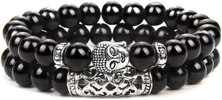 2pcs Tiger Eye Beads Bracelet Religious Buddha Head Natural Stone Black Lava Bracelets Bangles Women Men Prayer Jewelry Pulseira
