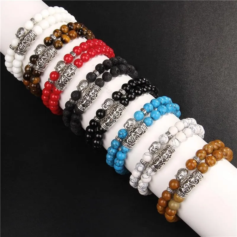 2pcs Tiger Eye Beads Bracelet Religious Buddha Head Natural Stone Black Lava Bracelets Bangles Women Men Prayer Jewelry Pulseira