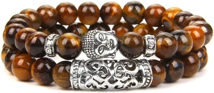 2pcs Tiger Eye Beads Bracelet Religious Buddha Head Natural Stone Black Lava Bracelets Bangles Women Men Prayer Jewelry Pulseira
