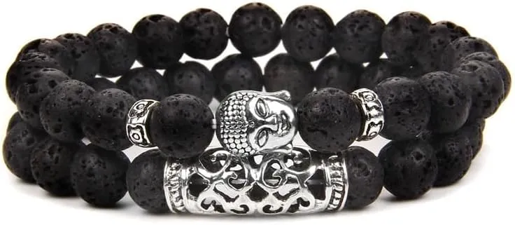 2pcs Tiger Eye Beads Bracelet Religious Buddha Head Natural Stone Black Lava Bracelets Bangles Women Men Prayer Jewelry Pulseira