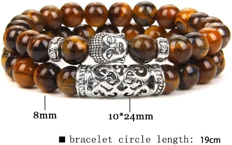 2pcs Tiger Eye Beads Bracelet Religious Buddha Head Natural Stone Black Lava Bracelets Bangles Women Men Prayer Jewelry Pulseira