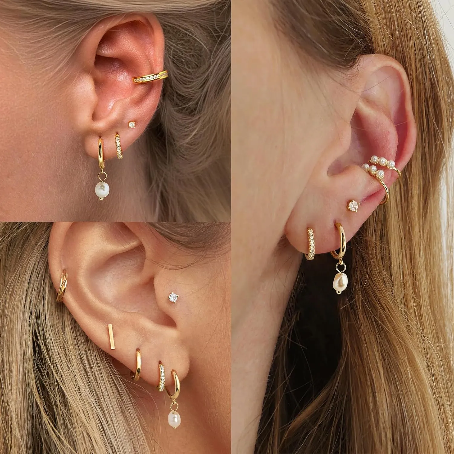 3 Pairs 14k CZ Gold Huggie Hoop Cartilage Earrings Set: Dainty CZ Stud Trendy Dangle Pearl Hoop Earrings Hypoallergenic Leaf Piercing Climber Huggie Earring for Women Gold Jewelry for Everyday