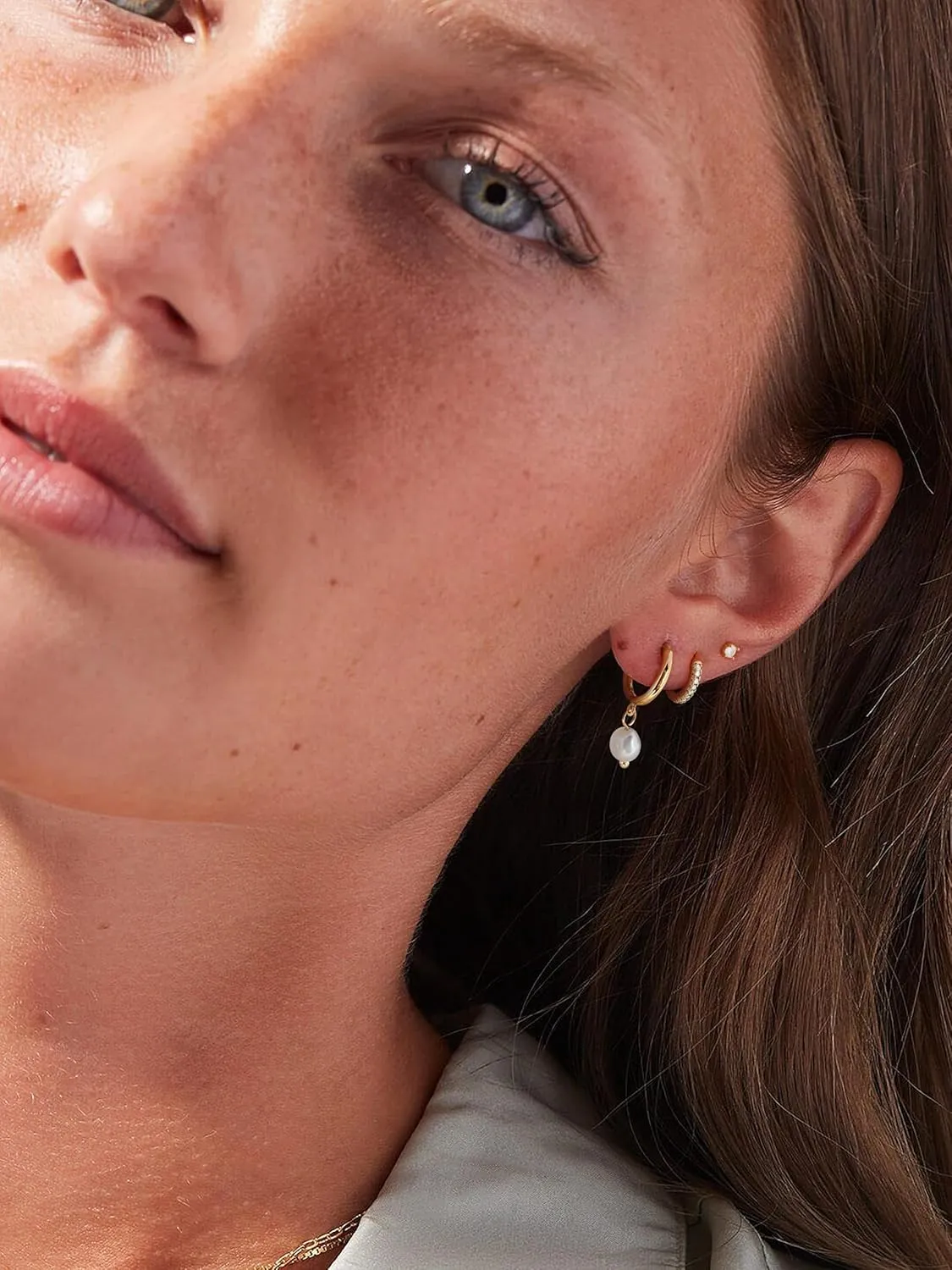 3 Pairs 14k CZ Gold Huggie Hoop Cartilage Earrings Set: Dainty CZ Stud Trendy Dangle Pearl Hoop Earrings Hypoallergenic Leaf Piercing Climber Huggie Earring for Women Gold Jewelry for Everyday