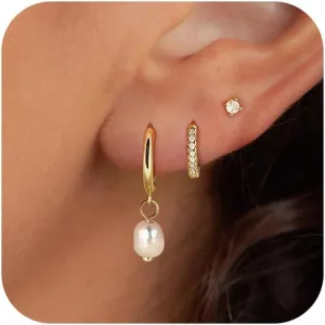 3 Pairs 14k CZ Gold Huggie Hoop Cartilage Earrings Set: Dainty CZ Stud Trendy Dangle Pearl Hoop Earrings Hypoallergenic Leaf Piercing Climber Huggie Earring for Women Gold Jewelry for Everyday