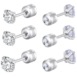 3 Pairs Screw Back Diamond Stud Earrings for Women Men, 3-5MM Cubic Zirconia Flat Back Silver Stud Earrings Stainless Steel Hypoallergenic Cartilage cz Earrings Set Gifts for Teen Girls