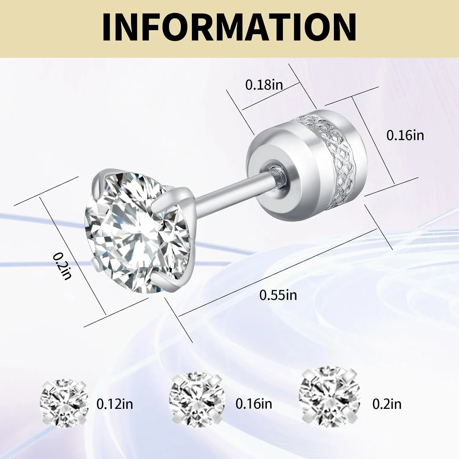 3 Pairs Screw Back Diamond Stud Earrings for Women Men, 3-5MM Cubic Zirconia Flat Back Silver Stud Earrings Stainless Steel Hypoallergenic Cartilage cz Earrings Set Gifts for Teen Girls