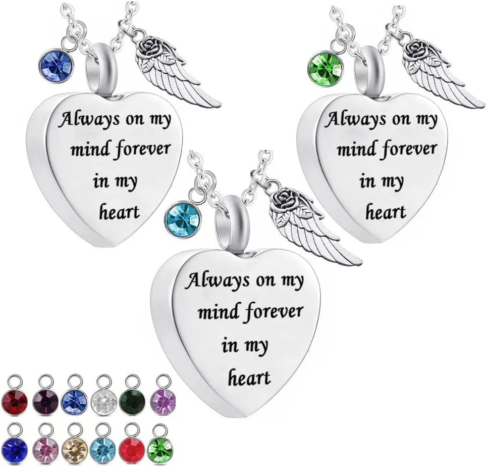 3 Pieces of Cremation Jewelry for Ashes Pendant Stainless steel Heart Urn Necklace Angel Wings and Birthstone Pendant Necklace Man and Women Ash Holder Necklace Keepsake
