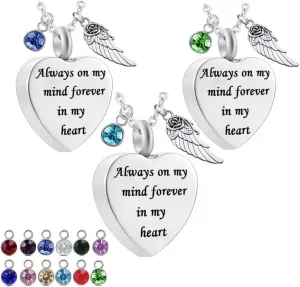 3 Pieces of Cremation Jewelry for Ashes Pendant Stainless steel Heart Urn Necklace Angel Wings and Birthstone Pendant Necklace Man and Women Ash Holder Necklace Keepsake