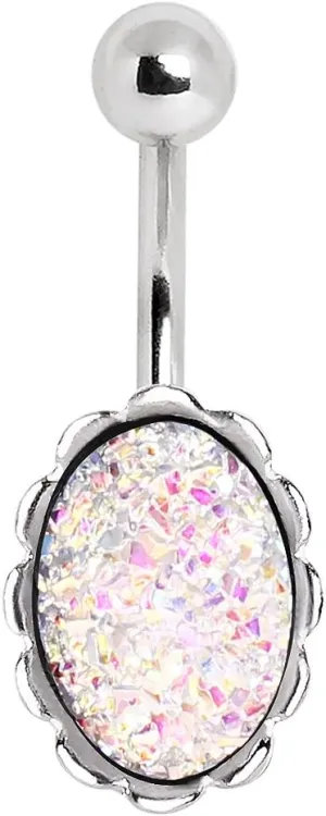 316L Navel Ring with Textured Synthetic Aurora Borealis Opal