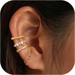 3Pcs Gold Ear Cuff Earrings for Women 14K Gold Plated Small Hoop Earrings Non Piercing Clip on Cartilage Earring Tassel Chain Huggie Small Gold Earrings Tendy Summer Jewelry