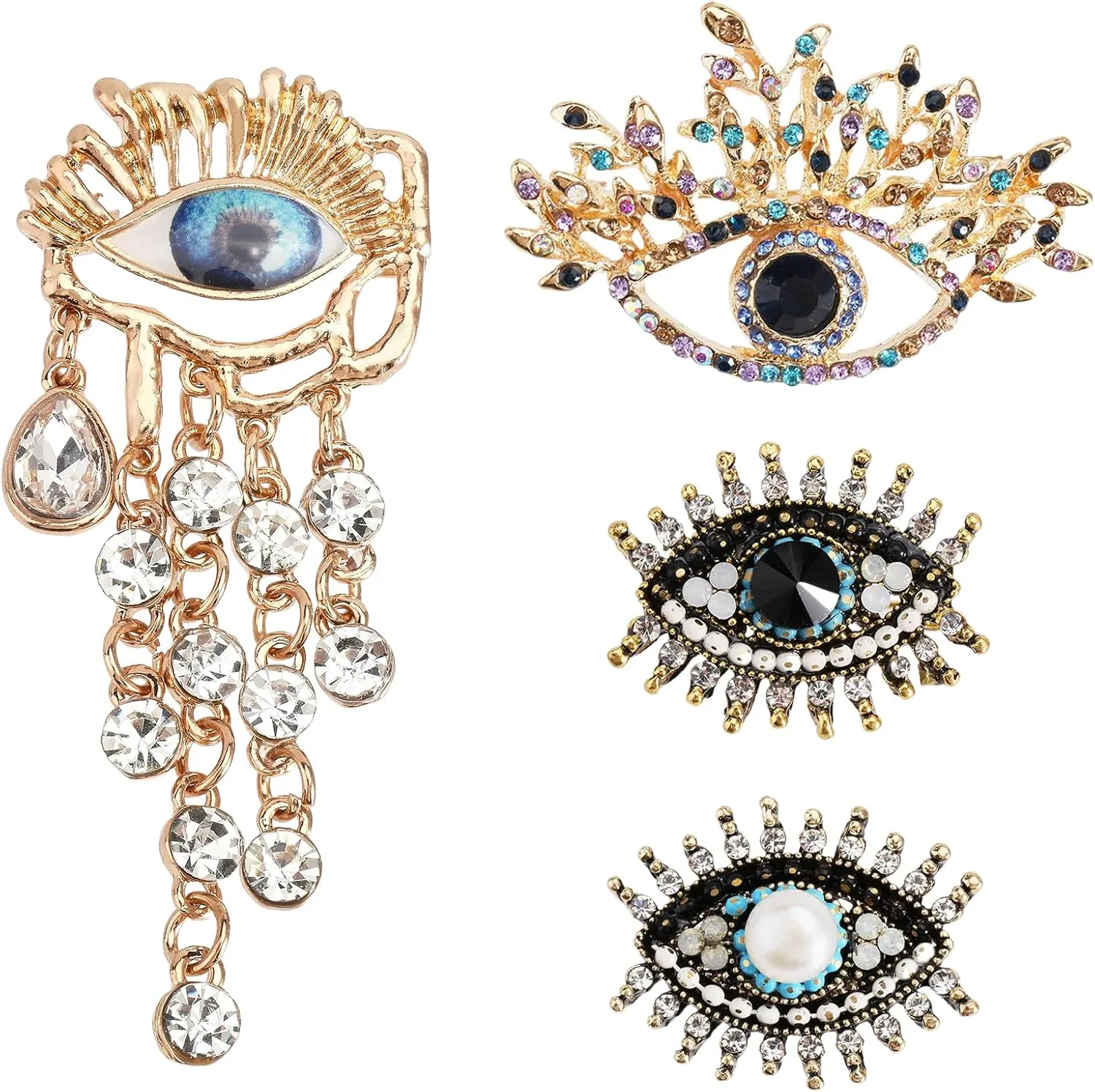 4 Pcs Evil Eye Brooch Pin Gold Plated Cubic Zriconia Rhinestone Wedding Bouquet Kit Lapel Pin Brooches for Women Multipurpose Brooch Ladies Accessories