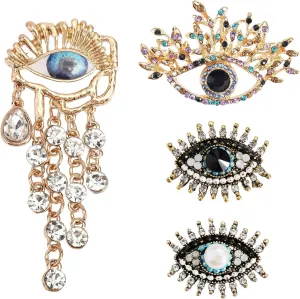 4 Pcs Evil Eye Brooch Pin Gold Plated Cubic Zriconia Rhinestone Wedding Bouquet Kit Lapel Pin Brooches for Women Multipurpose Brooch Ladies Accessories