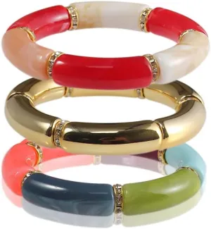 4pcs Colorful Acrylic Bamboo Tube Bending Tube Elasticity Bangles Bracelet Set Chunky Curved Cuff Stretchable Adjustable for Women Jewelry