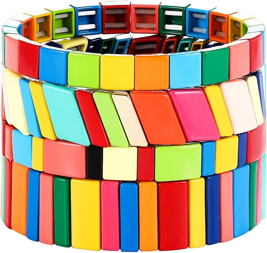 4PCS Rainbow Enamel Tile Bracelets for Women Multicolored Tile Bead Stretch Bracelets Set Stackable Colorblock Beaded Wrap Bangle Bracelet for Men