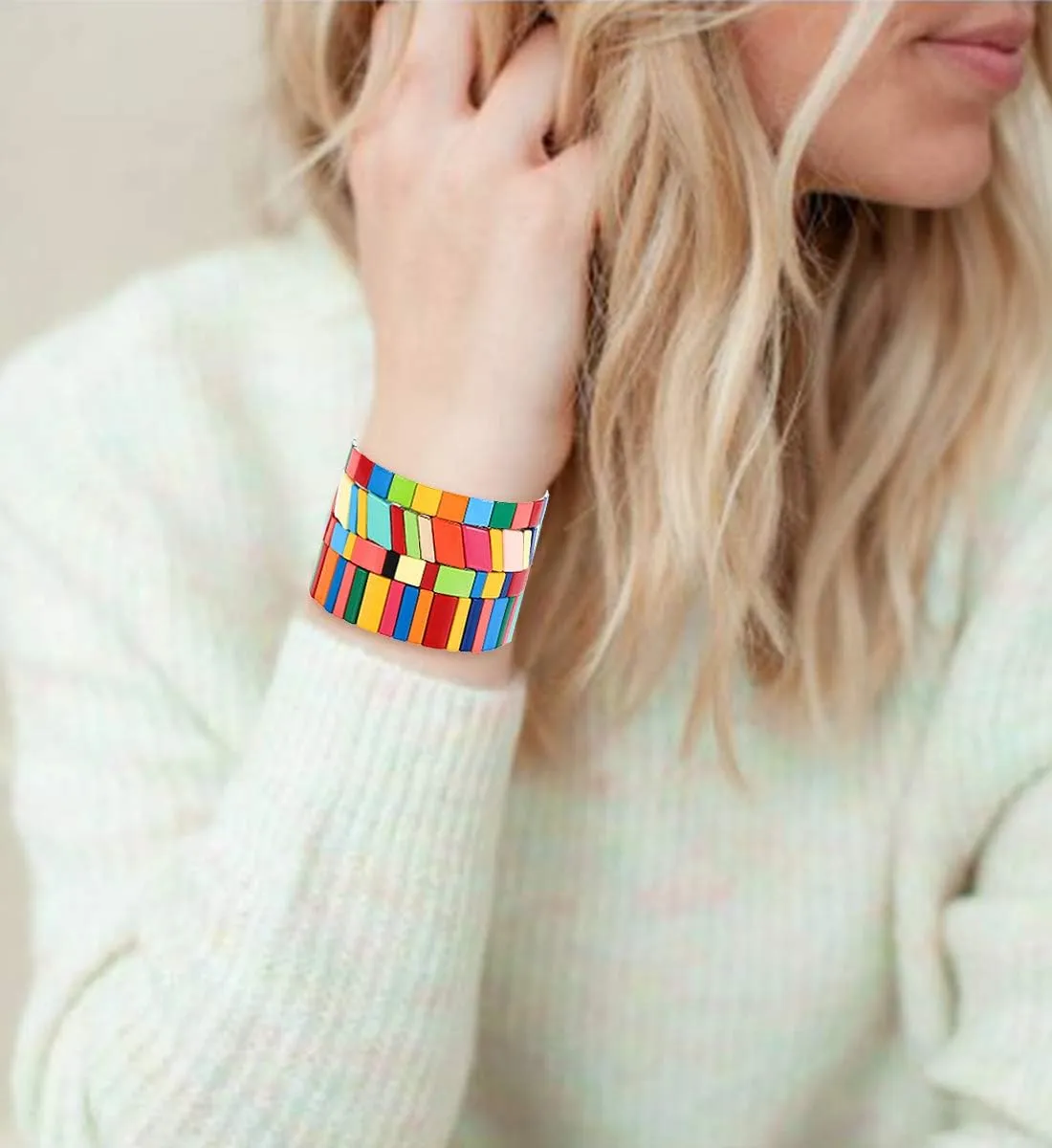 4PCS Rainbow Enamel Tile Bracelets for Women Multicolored Tile Bead Stretch Bracelets Set Stackable Colorblock Beaded Wrap Bangle Bracelet for Men