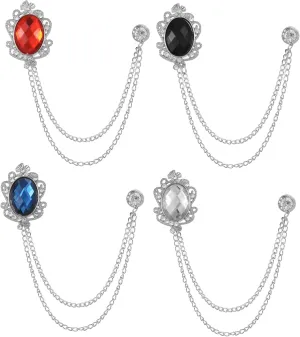 4PCS Rhinestone Vintage Brooch Lapel Pin Chain Suit Tassel Collar Hanging Chains for Shirts Badge Tuxedo Accessories Scarf Tie Pins for Women Men Birthday Gift