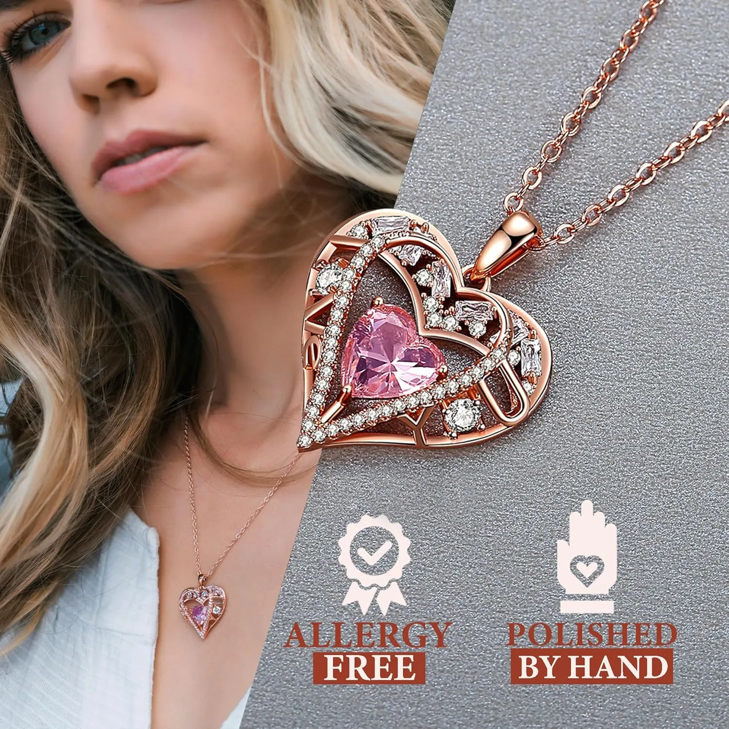 5 Heart Crystal Necklace 18K Rose Gold Plated - Pendant with 18 2 925 Sterling Silver Chain - Birthstone Jewelry for Women and Girls - Gift for Birthday, Christmas