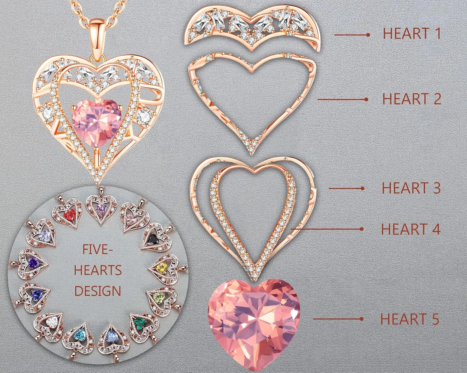 5 Heart Crystal Necklace 18K Rose Gold Plated - Pendant with 18 2 925 Sterling Silver Chain - Birthstone Jewelry for Women and Girls - Gift for Birthday, Christmas